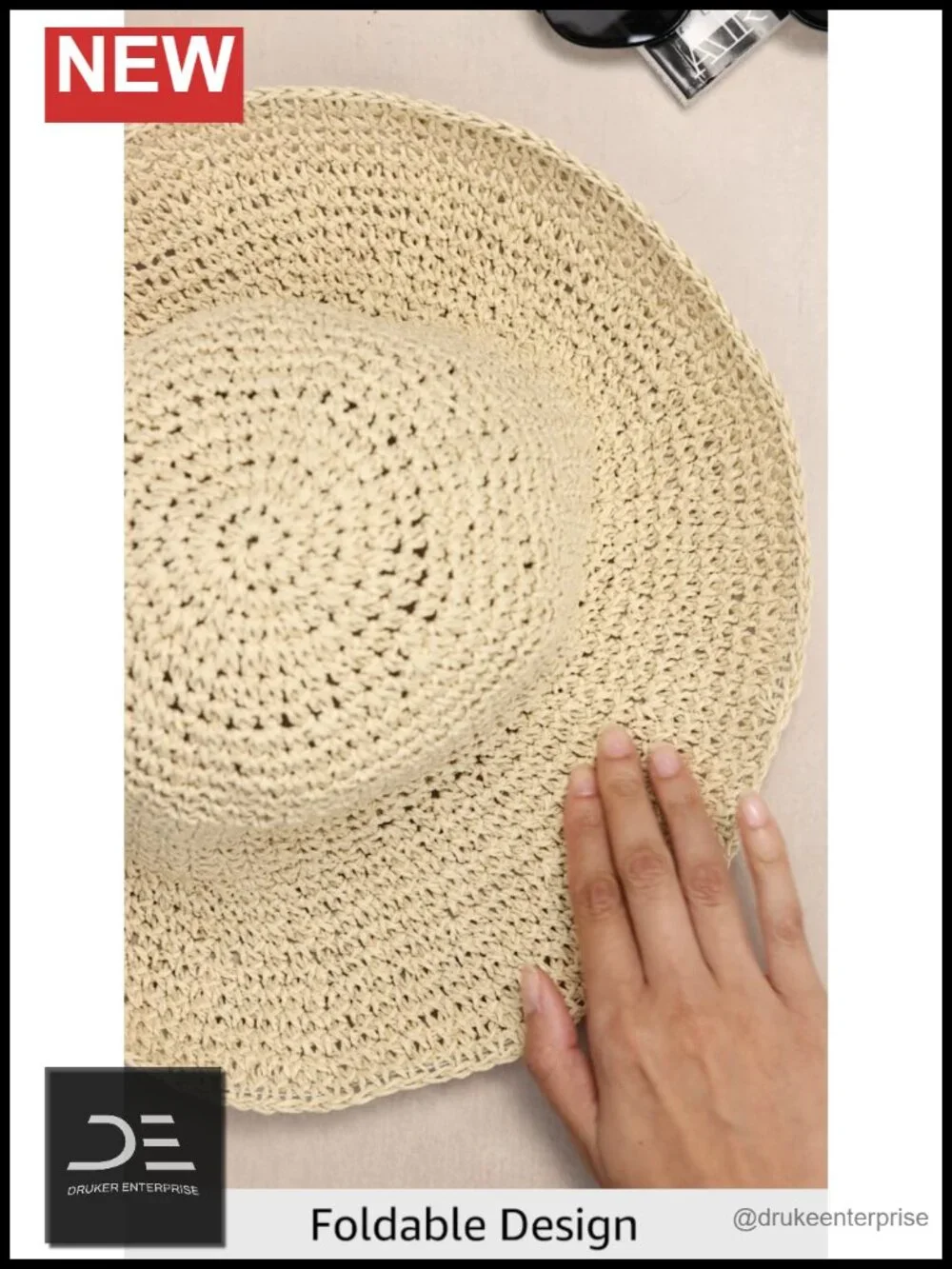 Foldable Wide Brim Crochet Straw Sun Hat for Beach Summer, Adjustable